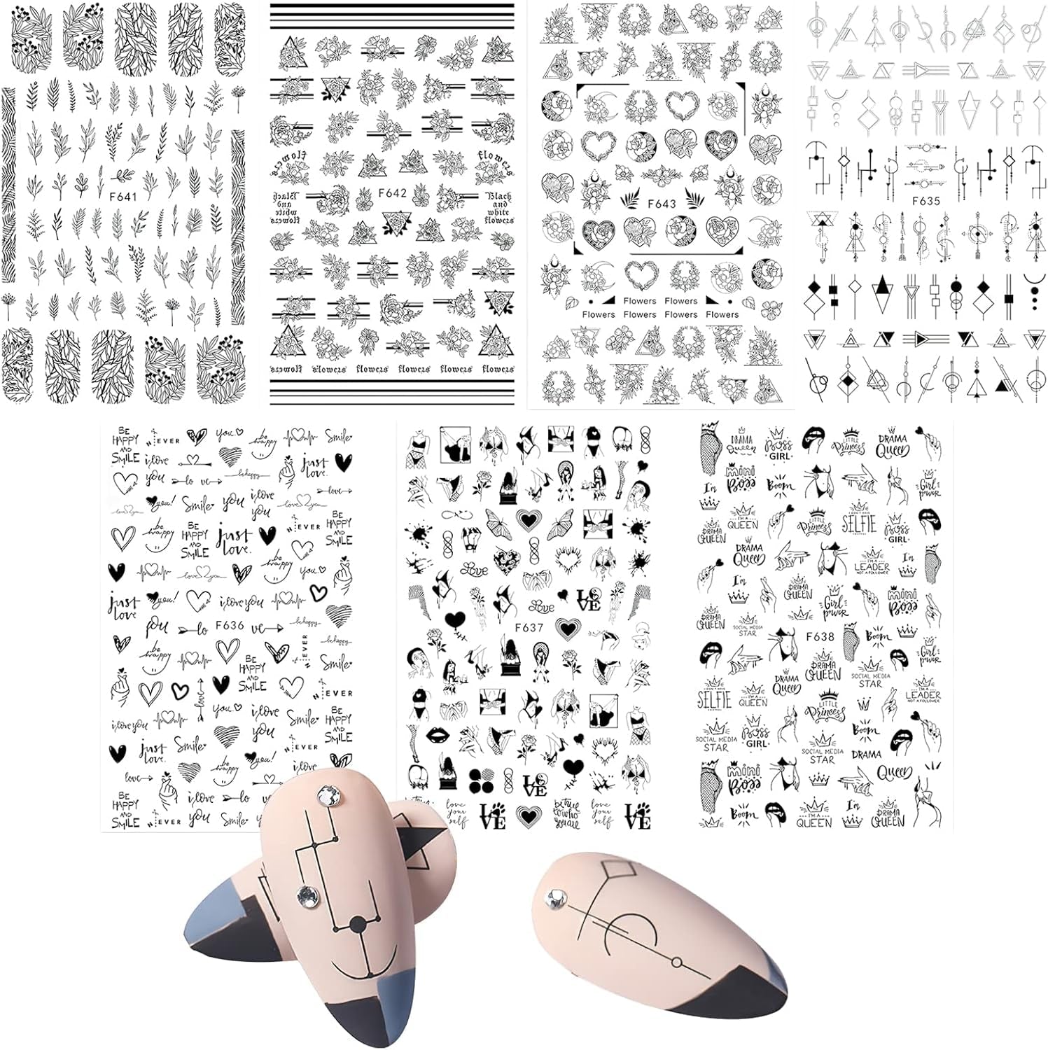 7 Blätter Nagelsticker Selbstklebend Nagelsticker Blumen Abstrakt 3D Schwarz Nagelaufkleber Nageldesign Herzform Wörter Pflanzen Nagel Naklejka DIY Nail Art Zubehör Maniküre Dekoration