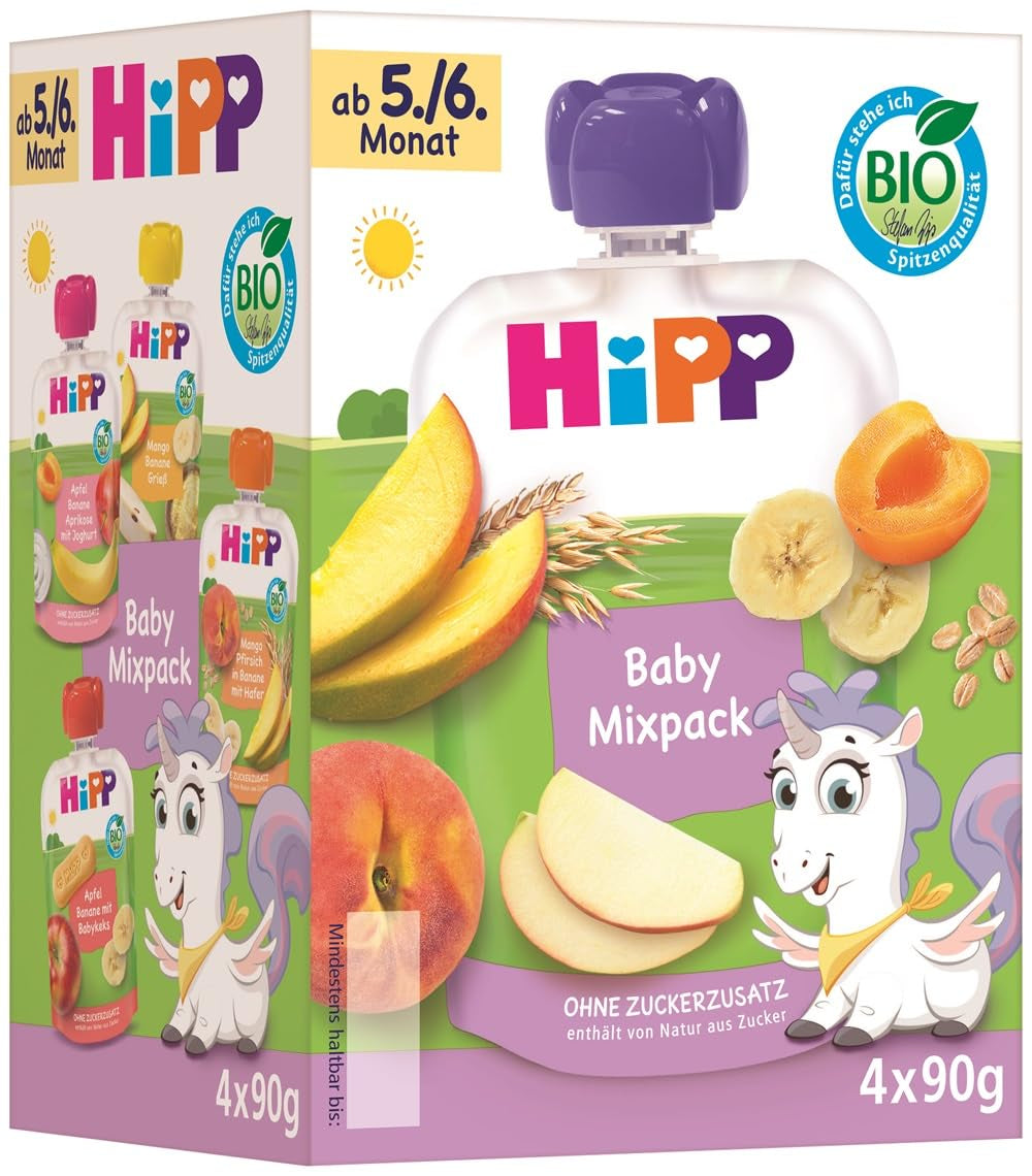 Organiczne woreczki do wyciskania HiPP, opakowanie mieszane, 16 sztuk (4 opakowania po 4 x 90 g każde), dla dzieci w wieku 5/6 miesięcy, cztery pyszne smaki, bez dodatku cukru, najlepsza jakość organiczna