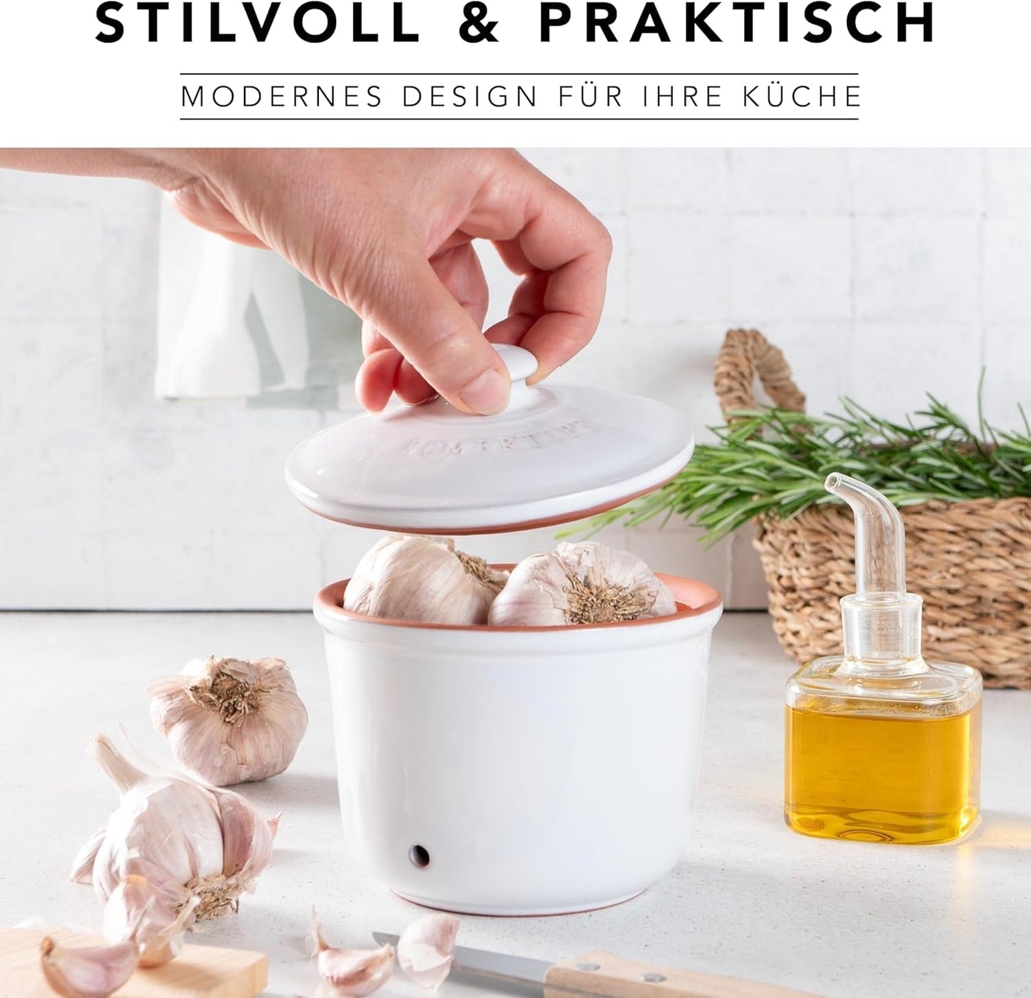 Römertopf Fresh Pot MINI 0,6 litra - Ceramiczny pojemnik na czosnek - Oddychająca glinka utrzymuje warzywa na dłużej świeże - Idealna cyrkulacja powietrza - Biały Pudełka do przechowywania żywności Naty Shop