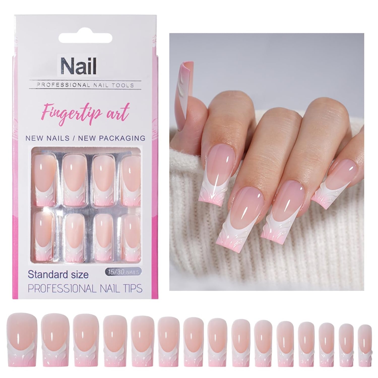30 sztuk francuskie sztuczne paznokcie-klej na sztuczne paznokcie-miękkie paznokcie żelowe dla kobiet-akrylowe paznokcie samoprzylepne kwadratowy manicure (francuski różowy)