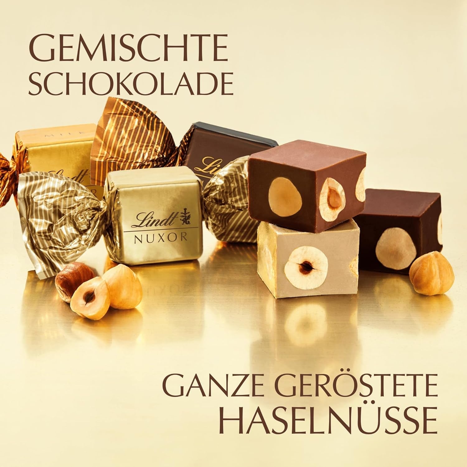 Czekolada Lindta | Mieszanka do torebki NUXOR | 103g | Gianduja Kremowe kostki czekoladowe w trzech asortymentach z prażonymi całymi orzechami laskowymi | Czekoladowy prezent