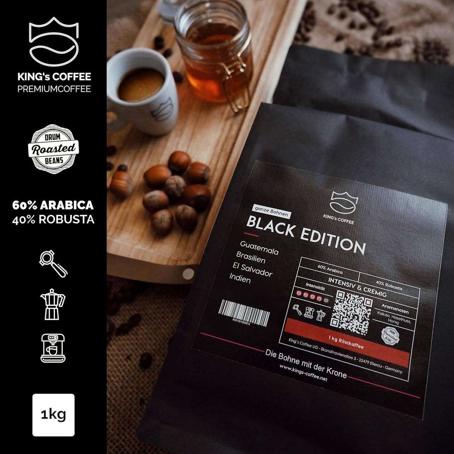 KING'S COFFEE - BLACK EDITION - 1 kg Intensywnie kremowa kawa ziarnista - Kawa o niskiej kwasowości - Kawa palona w małych partiach z Włoch - Mocna arabika w ziarnach espresso (mieszanka) do ekspresów w pełni automatycznych i z kolbą