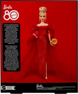 Lalka Barbie Signature 80. rocznica Mattel Figurka kolekcjonerska w błyszczącej czerwonej tiulowej sukience z kolczykami w kształcie łezki i delikatnymi rękawiczkami Blond włosy JBJ17