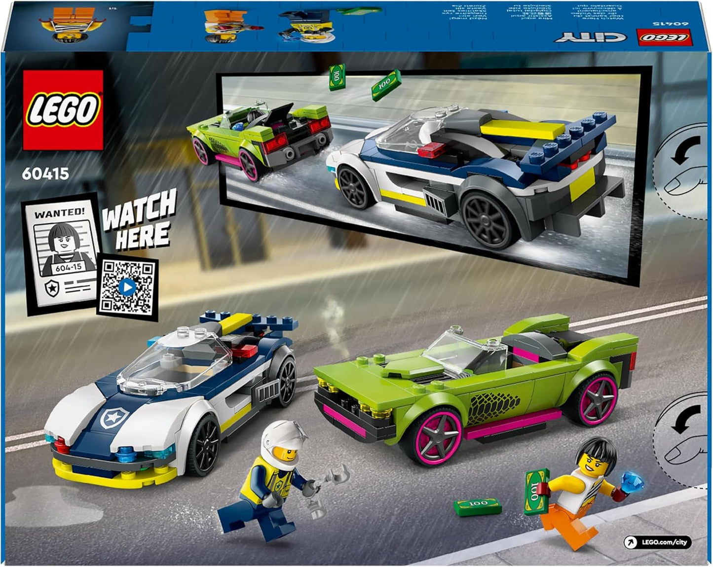 LEGO City Pościg samochodowy z radiowozem i mięśniakiem, zabawkowy pociąg z 2 samochodami wyścigowymi, prezent policyjny dla dzieci, chłopców i dziewcząt od 6 lat, zestaw z policjantem i minifigurkami Ganovinem 60415 Zestawy do budowania Besuche den LEGO-Store