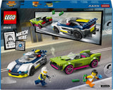 LEGO City Pościg samochodowy z radiowozem i mięśniakiem, zabawkowy pociąg z 2 samochodami wyścigowymi, prezent policyjny dla dzieci, chłopców i dziewcząt od 6 lat, zestaw z policjantem i minifigurkami Ganovinem 60415 Zestawy do budowania Besuche den LEGO-Store