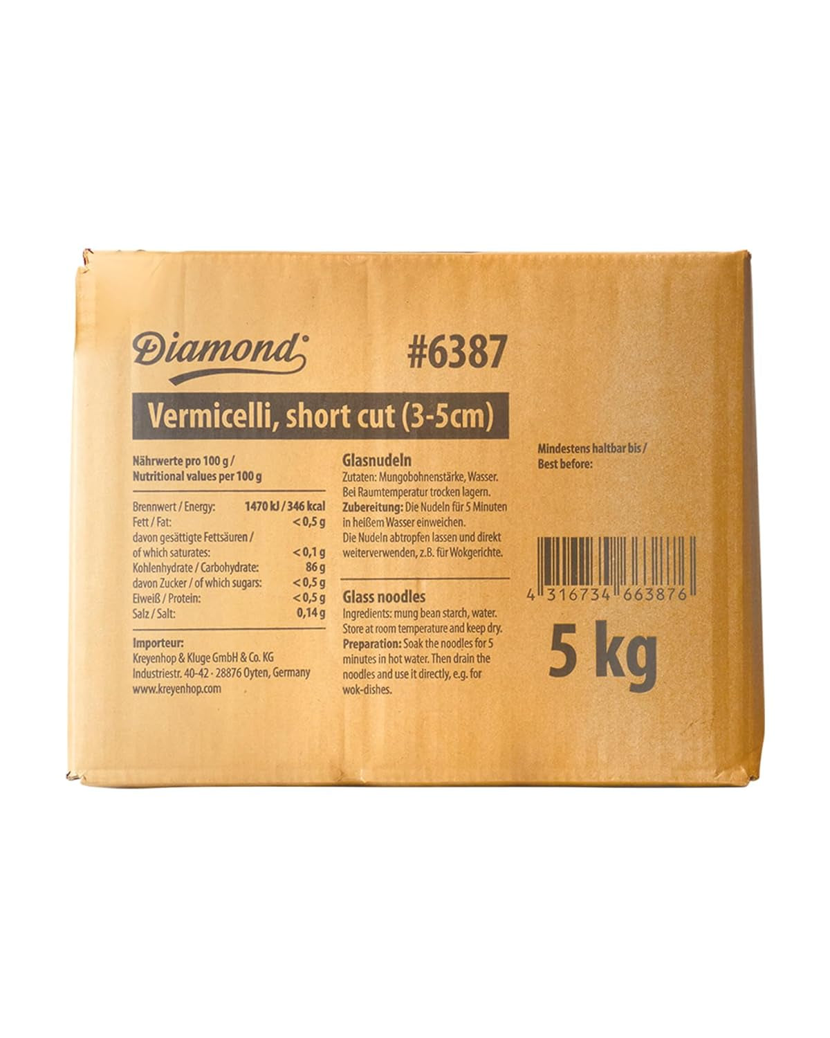 Makaron szklany DIAMOND, krótki makaron szklany ze skrobi z fasoli mung, naturalnie wegański i bezglutenowy - 1 x 5 kg