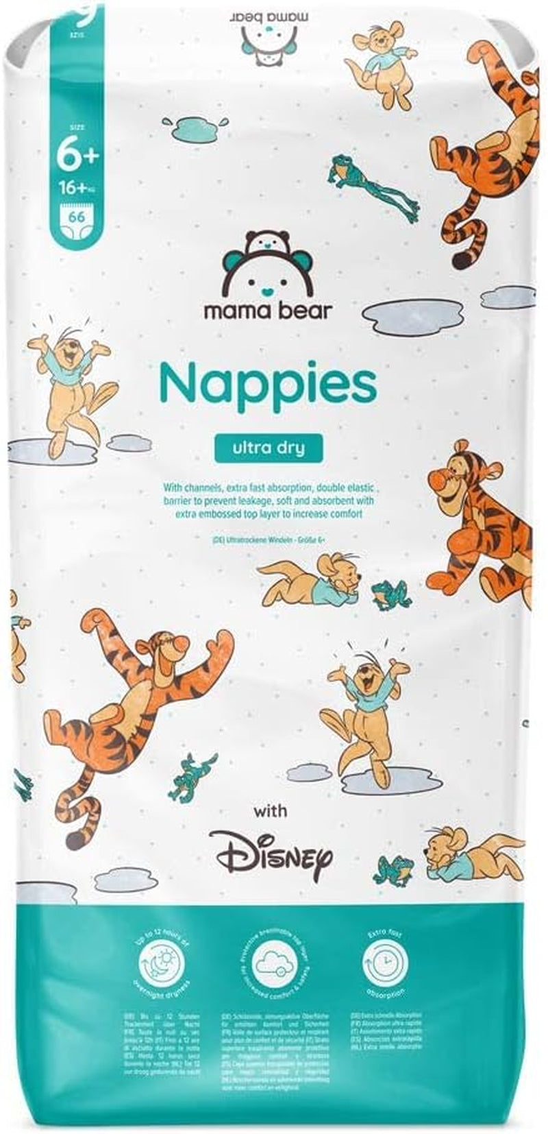 Marka Amazon: pieluszki Mama Bear Disney Ultra Dry, rozmiar 3 (4–9 kg) – pudełko miesięczne, białe, 172 szt. (2 opakowania po 86 szt.)