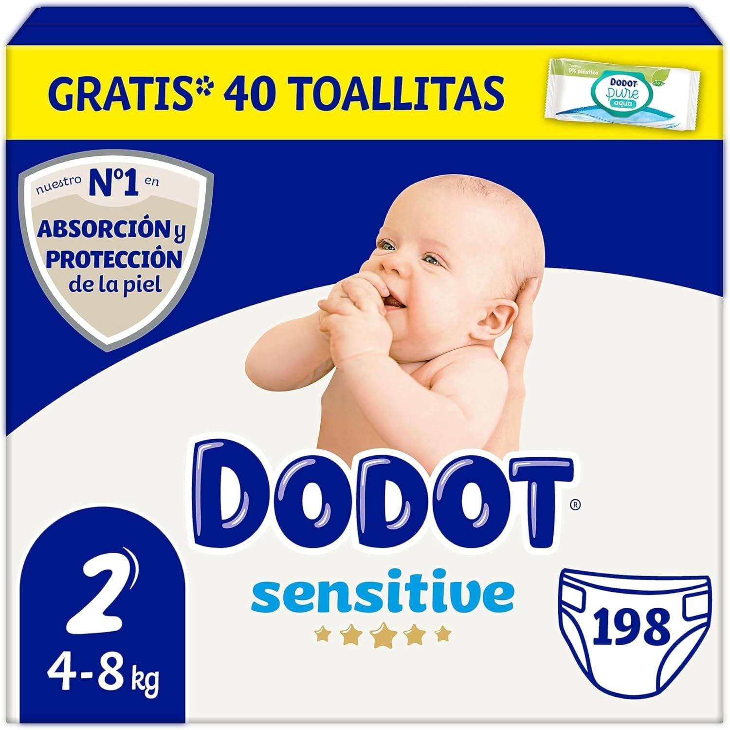 Pieluszki dla niemowląt Sensitive Rozmiar 2 (4-8 kg), 198 pieluch + 1 opakowanie 40 bezpłatnych chusteczek oczyszczających, Total Aqua Care, chłonność i ochrona skóry, opakowanie miesięczne