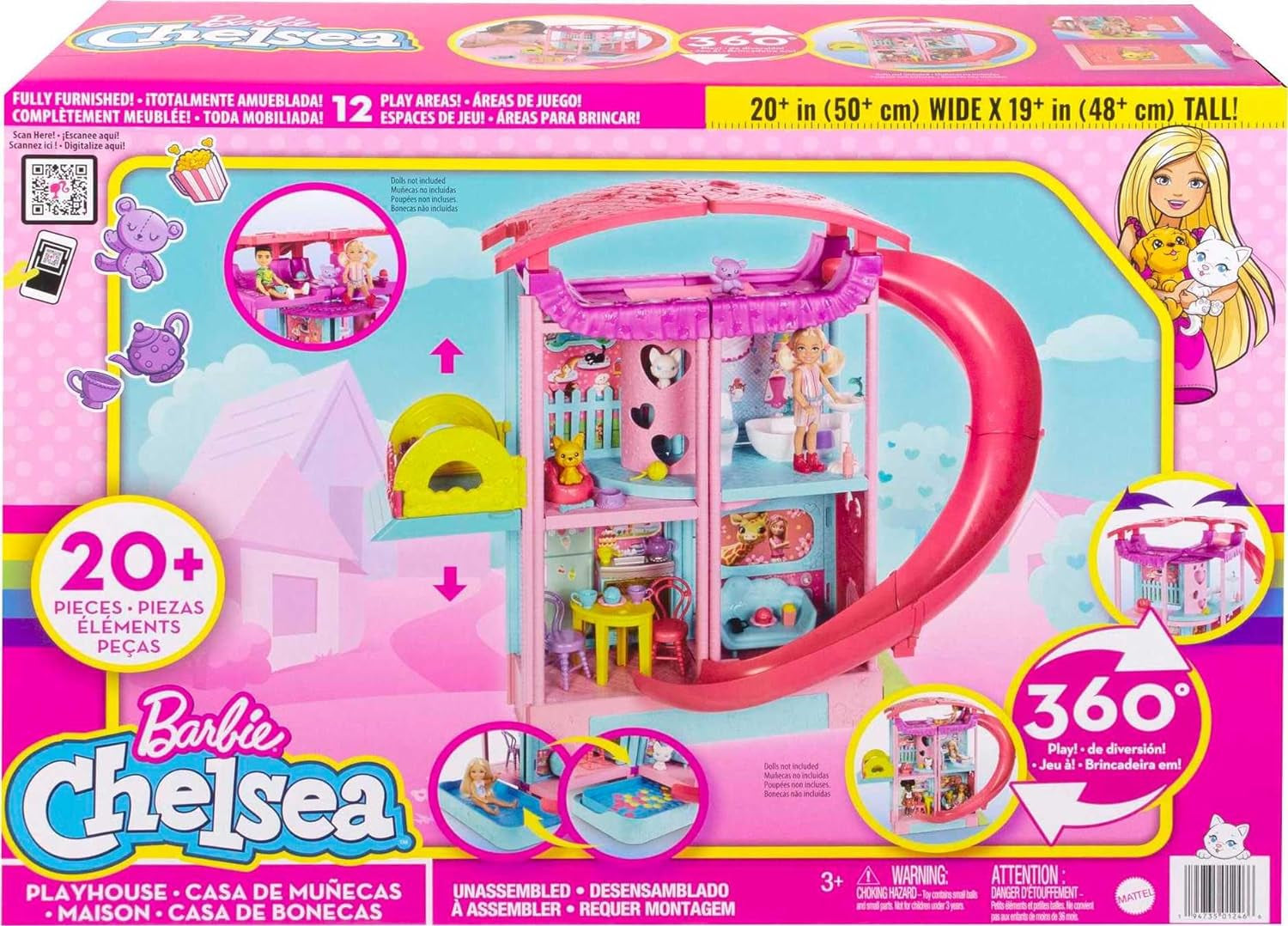 Barbie Chelsea Playhouse — 3 zmieniające się piętra, tajne strefy zabaw, winda, basen, zjeżdżalnia, 2 zwierzęta i ponad 20 akcesoriów, dla dzieci w wieku 3+, HHX44