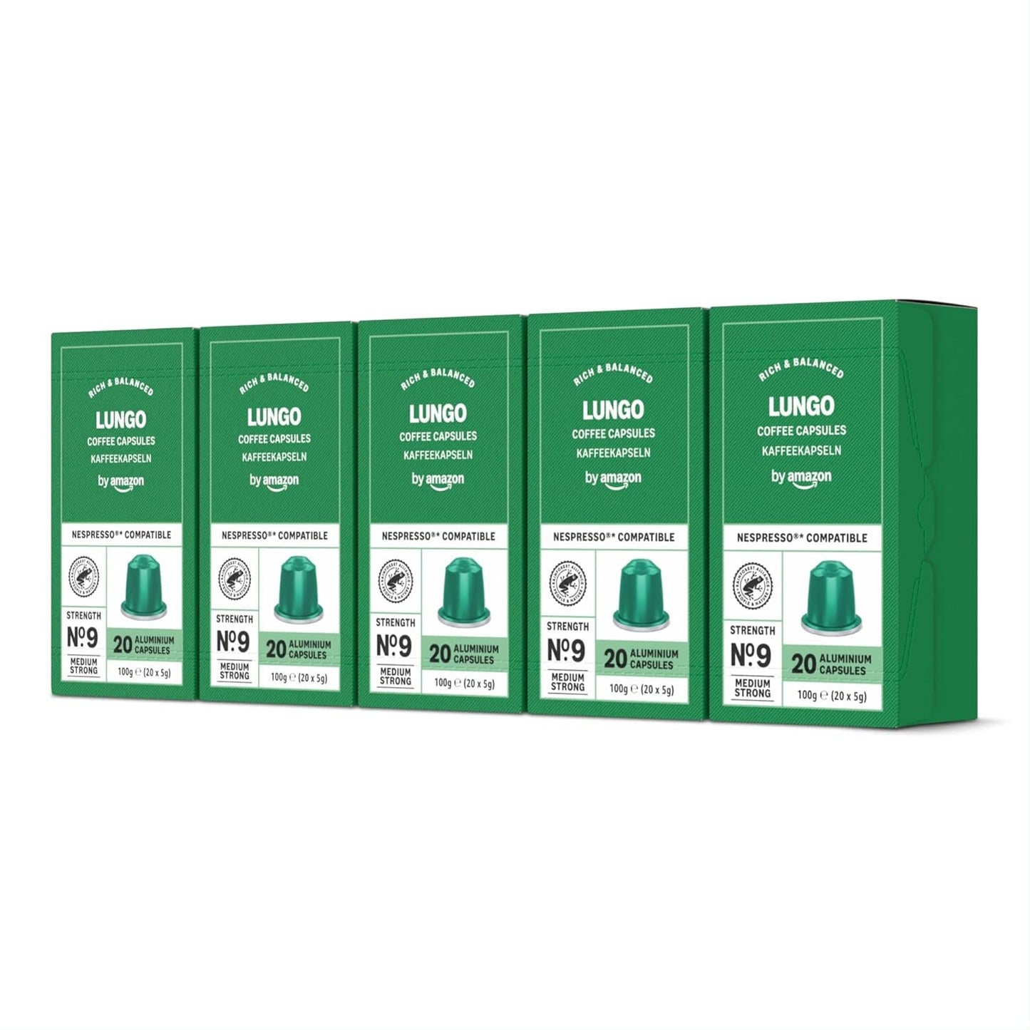 przez Amazon Lungo Aluminium-Kaffeekapseln, kompatybilny z Nespresso, mittelgeröstet, 100 Stück (5 Packungen mit je 20 Stück) – Rainforest Alliance zertifiziert