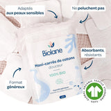 BIOLANE 12 mokrych podkładek Maxi-Squares - Niemowlęta - 100% organiczne - 720 bawełna - dla skóry wrażliwej - Przebieranki i artykuły toaletowe - od urodzenia - wyprodukowane we Francji