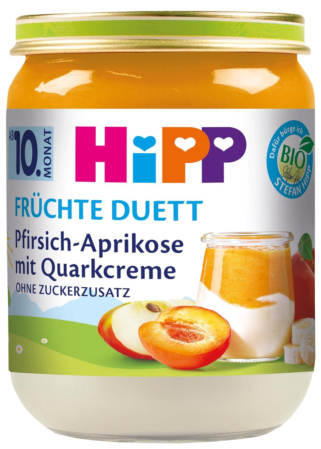 HiPP Brzoskwinie-morele z kremem twarogowym, Duet Owocowy od 10 miesiąca (6 x 160g), bez dodatku cukru, bez glutenu, najwyższej jakości organicznej