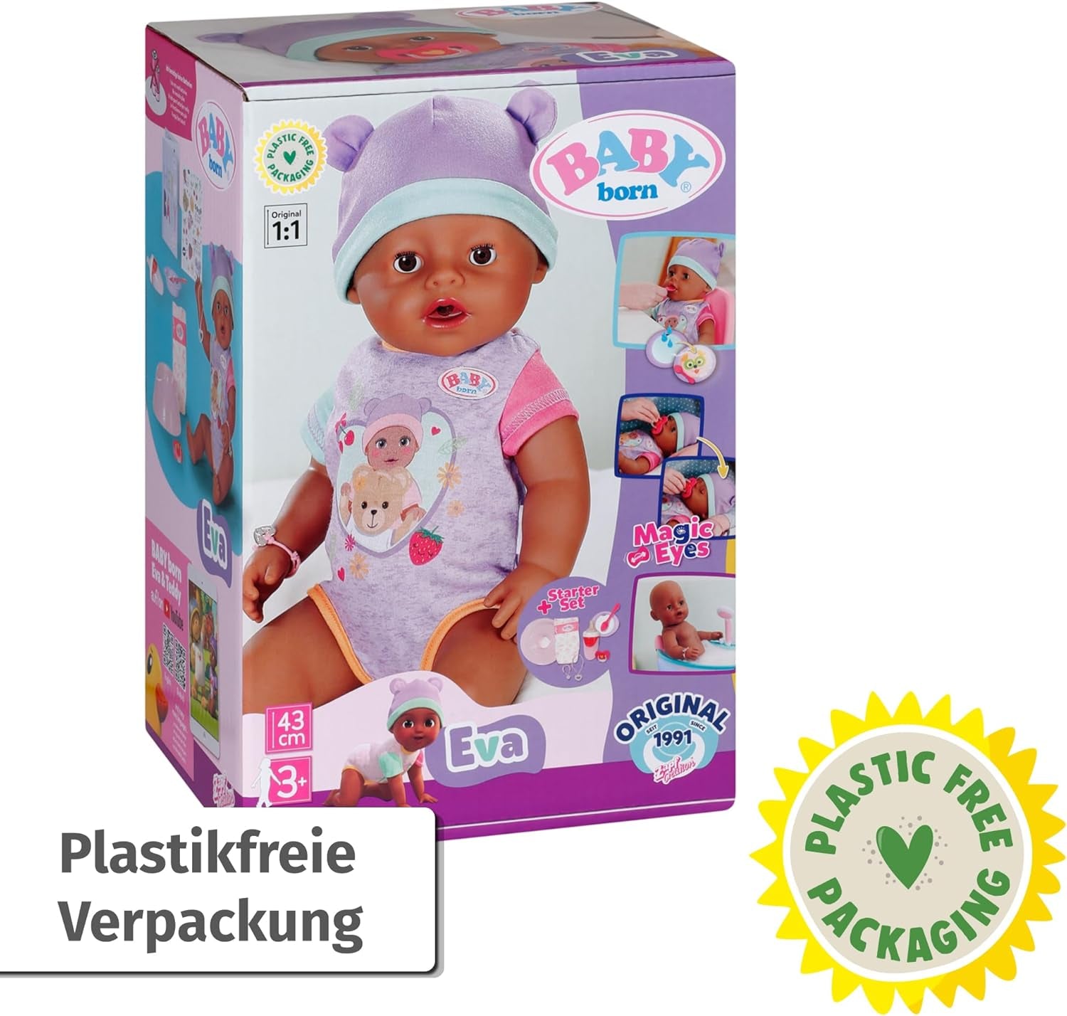 BABY Born Eva 43Cm, lalka z 10 funkcjami i akcesoriami, dla dzieci od 3 lat, działa bez baterii, duża lalka 43Cm, 836408 Zapf Creation Dolls Naty Shop