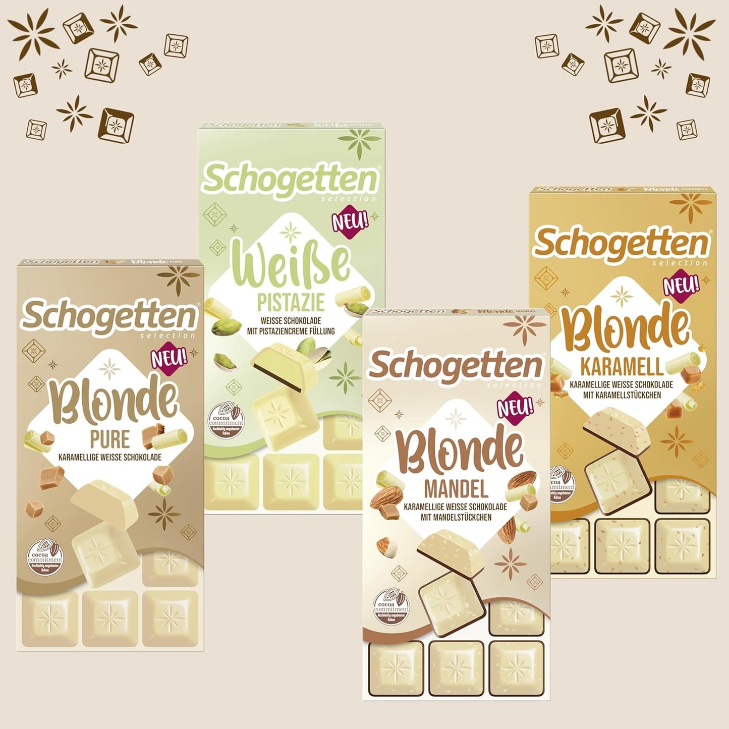 Schogetten Blond Migdał | Biała czekolada z karmelem i kawałkami migdałów | 100 g | Wygodnie porcjowane (opakowanie 2 szt.)