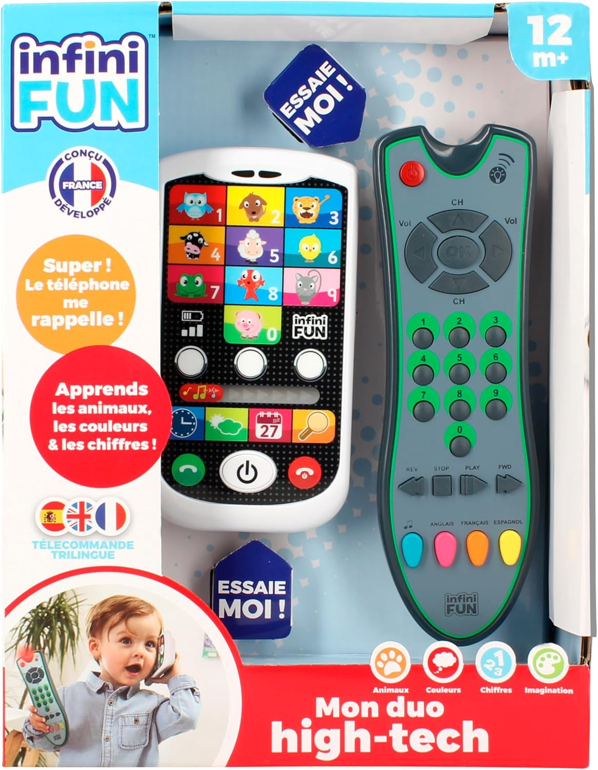 Zaawansowany telefon My Duo + pilot zdalnego sterowania — 1 trójjęzyczny pilot w języku francuskim/angielskim/hiszpańskim i 1 niezwykle realistyczny telefon — wielofunkcyjna zabawka edukacyjna od 12 lat. Zabawki Bebe Naty Shop