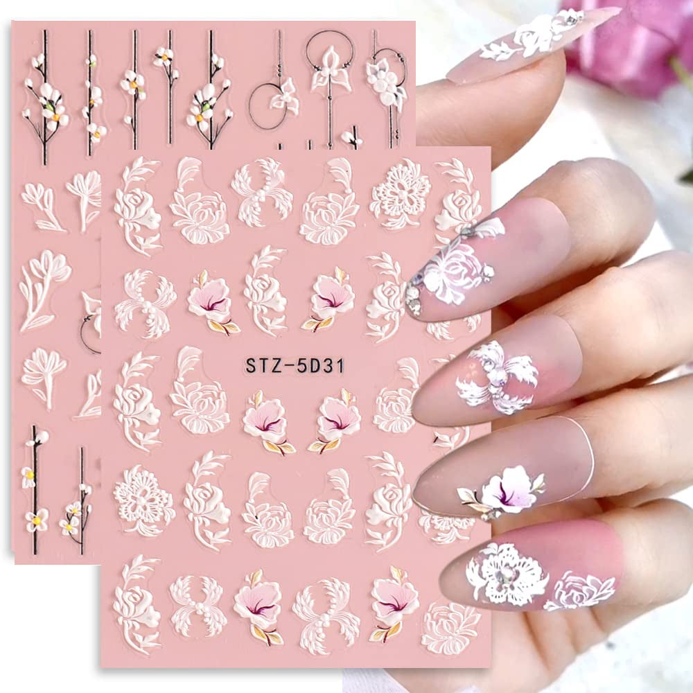 4 Blatt 3D Nagelsticker Frühling Blume Nagelaufkleber 5D Stereoskopisch Selbstklebend Nail Art Naklejka Dekoration Nageldesign Zubehör