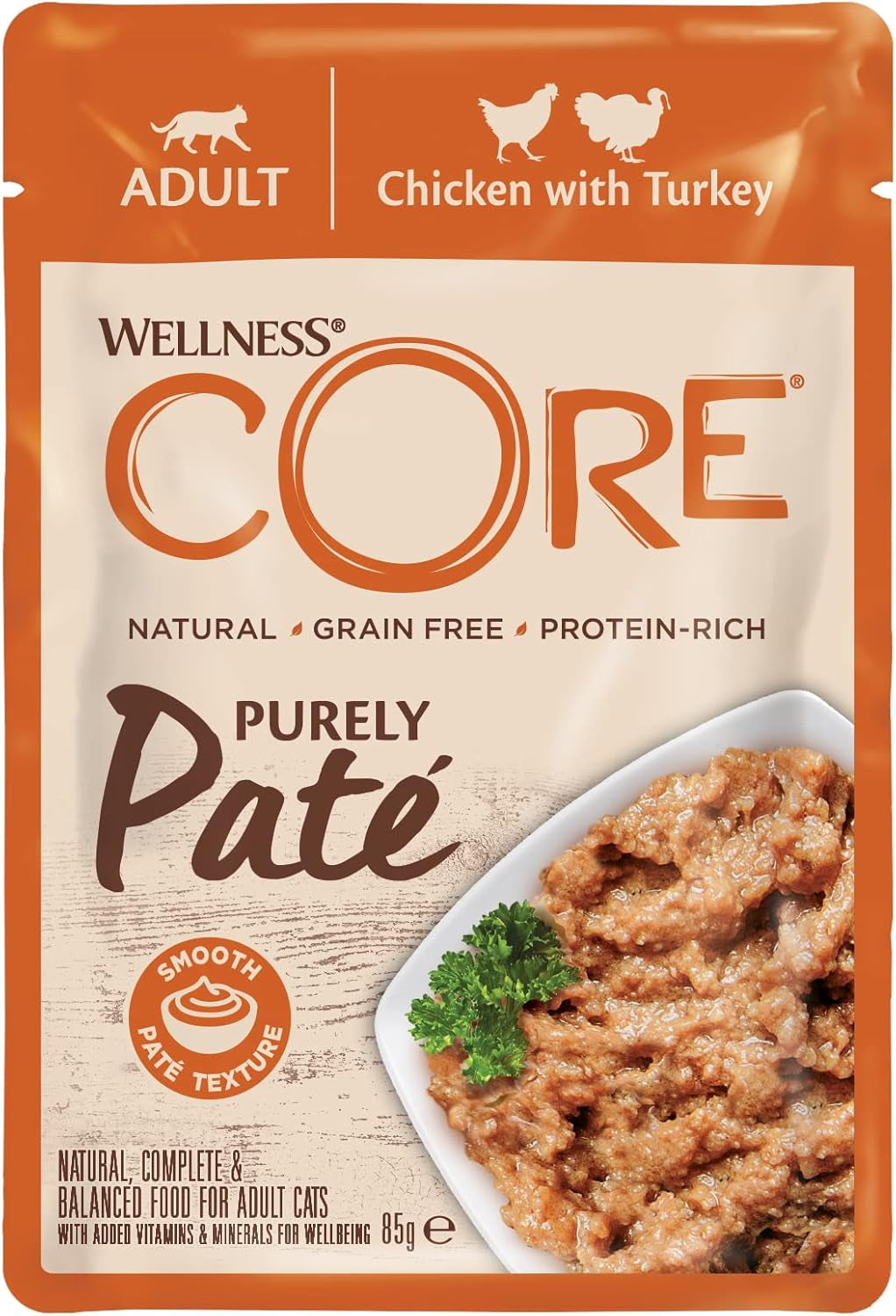 Wellness CORE Purely Paté 24 x 85g, Kurczak i Indyk - Mokra karma dla kotów, delikatny pasztet, bez zbóż, naturalny, hipoalergiczny, o wysokiej zawartości białka, o wysokiej zawartości mięsa