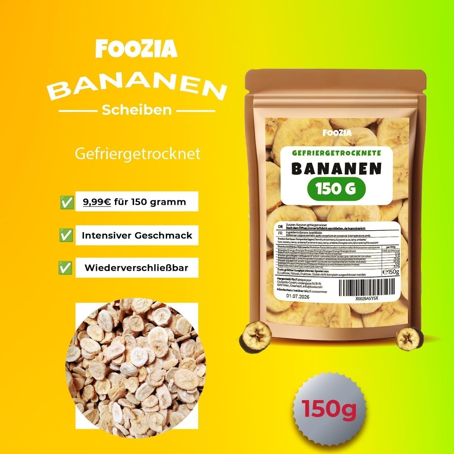 Banany liofilizowane 150g plastry, Owoce liofilizowane bez dodatków Pure - 100% naturalne suszone owoce - Banany suszone suszone owoce od Foozia Produkty odwodnione Naty Shop