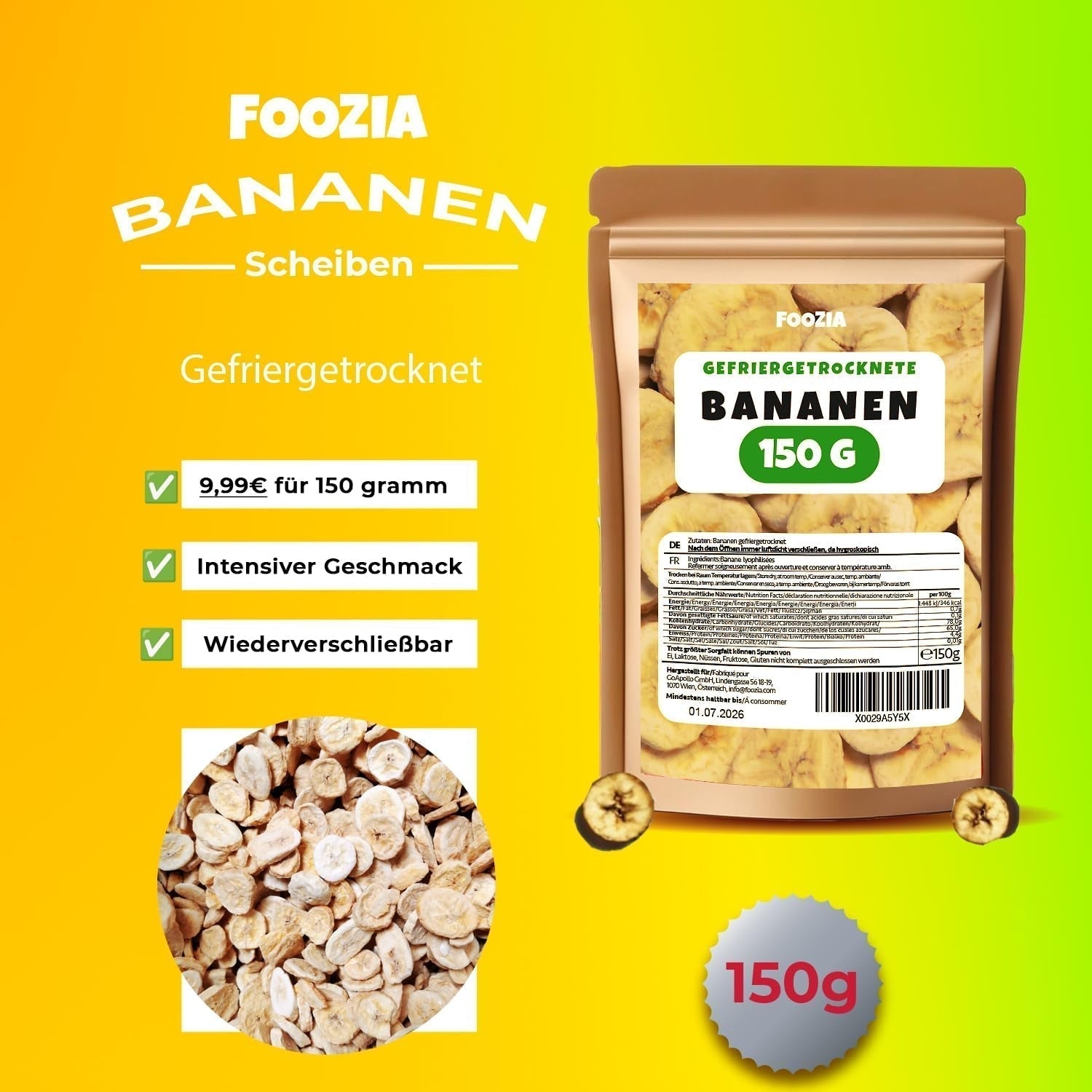 Banany liofilizowane 150g plastry, Owoce liofilizowane bez dodatków Pure - 100% naturalne suszone owoce - Banany suszone suszone owoce od Foozia Produkty odwodnione Naty Shop