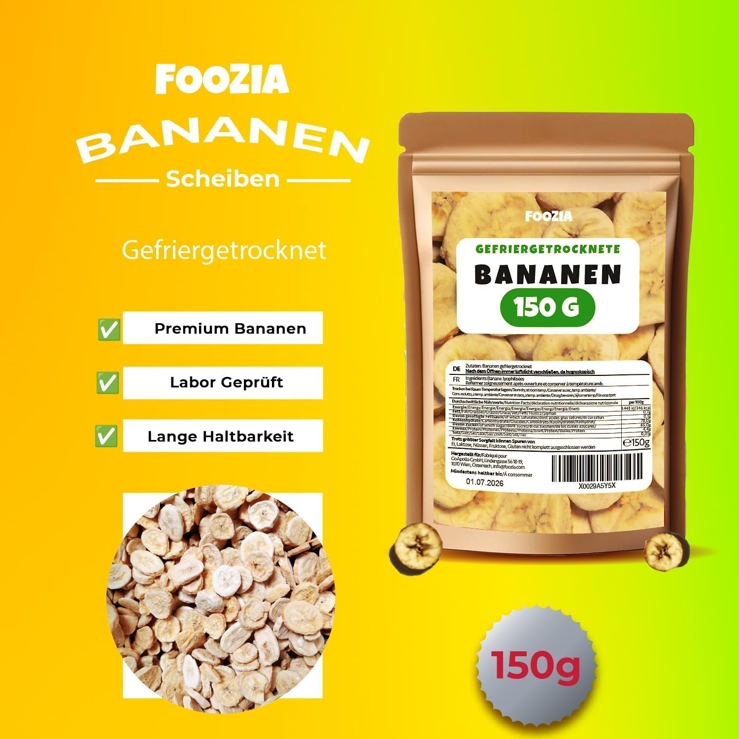 Banany liofilizowane 150g plastry, Owoce liofilizowane bez dodatków Pure - 100% naturalne suszone owoce - Banany suszone suszone owoce od Foozia Produkty odwodnione Naty Shop