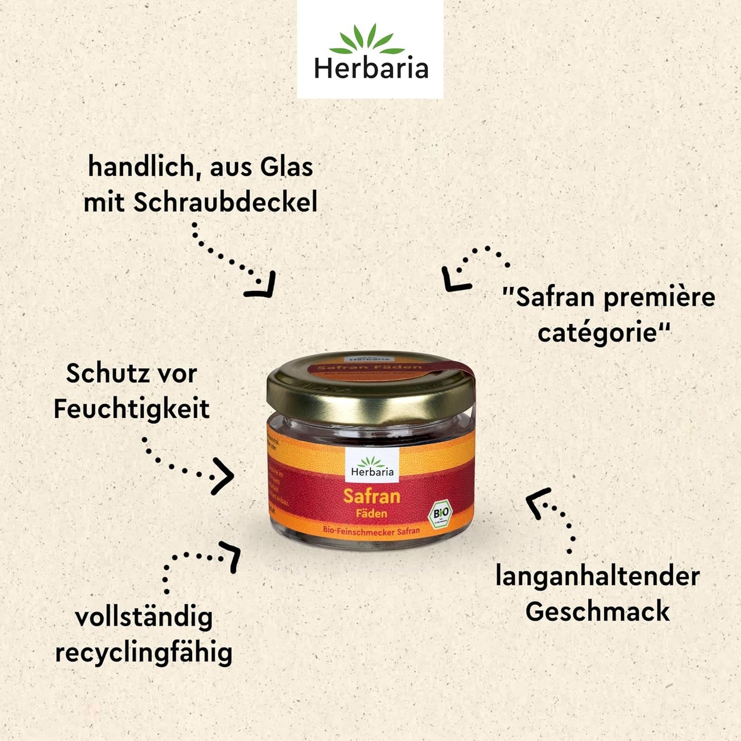 Herbaria Safran-Fäden bio 0,5g im Glas – Bio Saffron-Fäden aus dem bereicht Safran-Ort Taliouine in Marokko – Safranfäden in Premium Bio-Qualität – Saffron Premium - Safran premiera kategorii