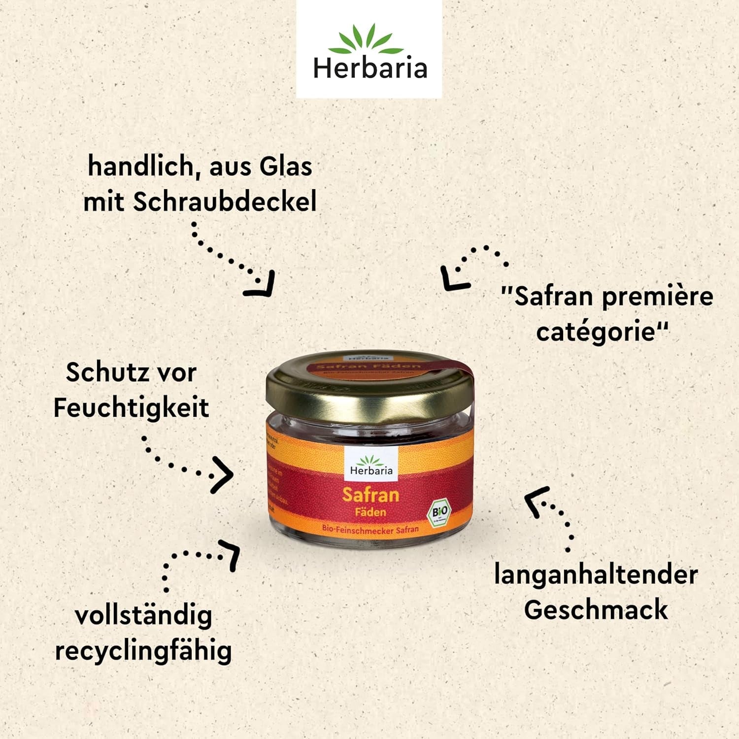 Herbaria Safran-Fäden bio 0,5g im Glas – Bio Saffron-Fäden aus dem bereicht Safran-Ort Taliouine in Marokko – Safranfäden in Premium Bio-Qualität – Saffron Premium - Safran premiera kategorii