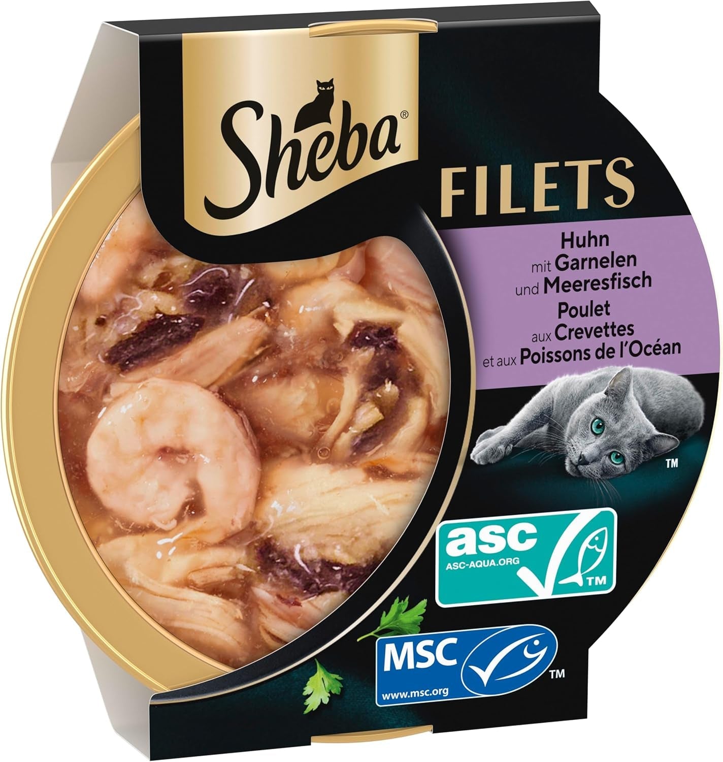 SHEBA Filety Katzenfutter Adult w sosie z kurczakiem, Hochseefisch i Garnelen 16 x 60 g w skorupce