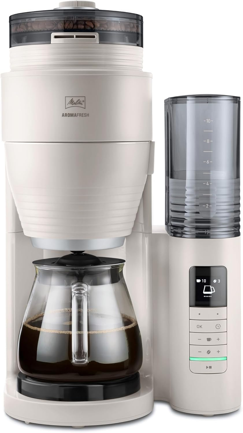 Melitta AromaFresh Therm Pro X - Ekspres do espresso z filtrem, zintegrowanym młynkiem, wyjmowanym zbiornikiem na wodę, dzbankiem termicznym ze stali nierdzewnej i funkcją timera, na maksymalnie 8 filiżanek kawy, czarno-srebrny