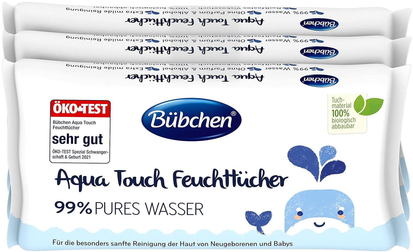 Chusteczki nawilżane dla niemowląt Bübchen Aqua Touch 144 sztuki (3 x 48) - Chusteczki do pielęgnacji skóry wrażliwej zawierające 99% czystej wody, Chusteczki nawilżane dla noworodków i dzieci