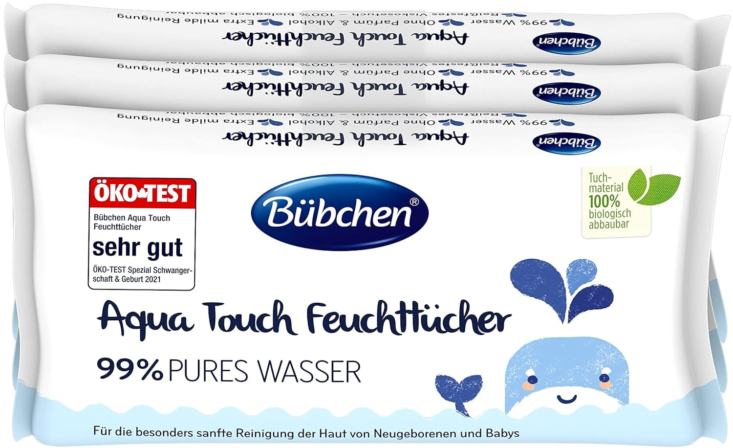 Chusteczki nawilżane dla niemowląt Bübchen Aqua Touch 144 sztuki (3 x 48) - Chusteczki do pielęgnacji skóry wrażliwej zawierające 99% czystej wody, Chusteczki nawilżane dla noworodków i dzieci