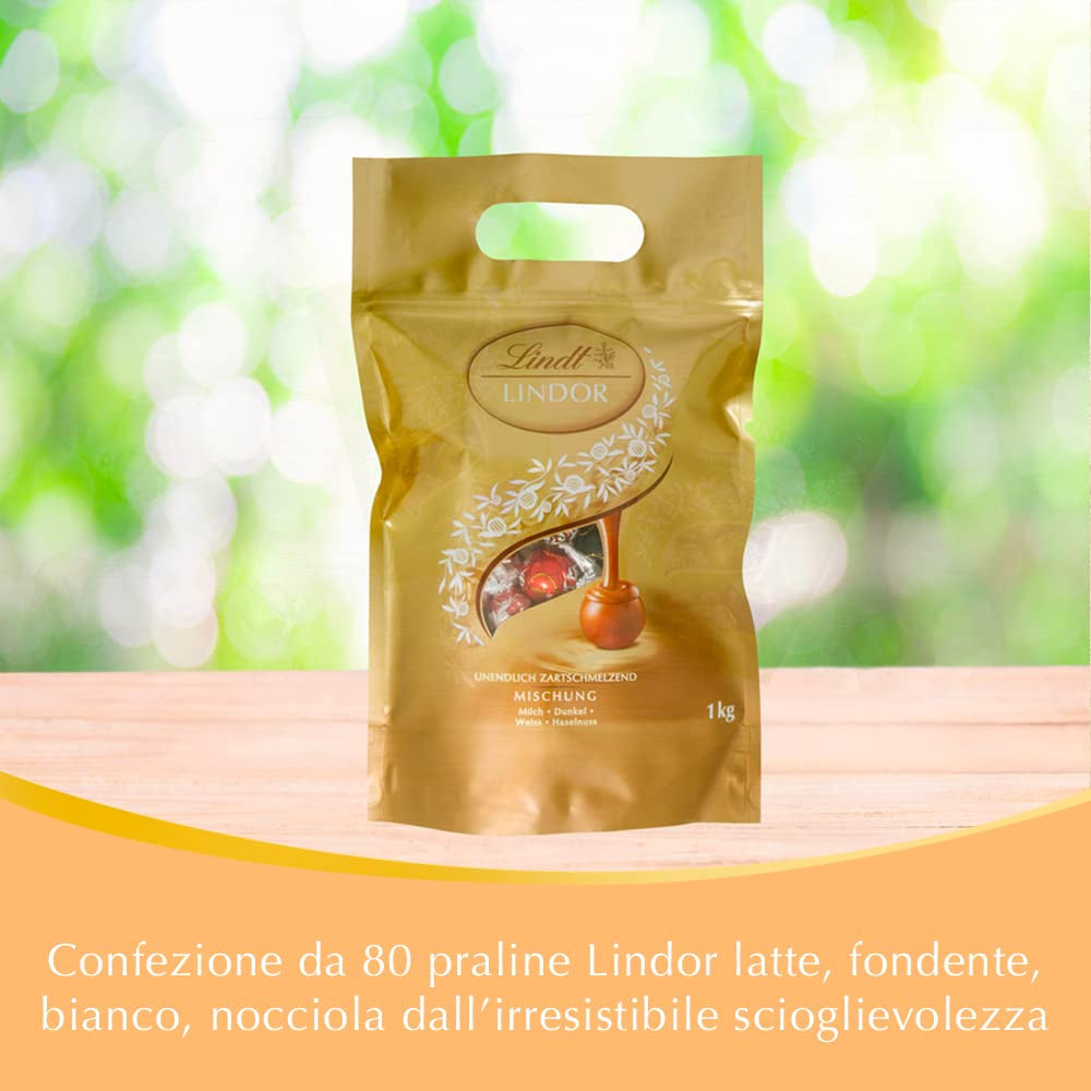 Asortyment Lindt Czekolada LINDOR | 1371 g, Klasyczny | ok. 80 kulek czekolady (mleczna, biała, gorzka 60%, orzechowa) | Opakowanie zbiorcze, 1 kg