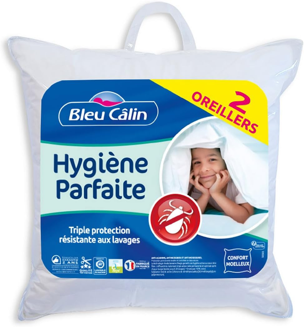 Bleu Câlin Zestaw 2 prostokątnych poduszek przeciwroztoczowych, antybakteryjnych, puszysty komfort, T 60X60 cm, 100% bawełna, doskonały asortyment higieniczny Poduszki standardowe Naty Shop