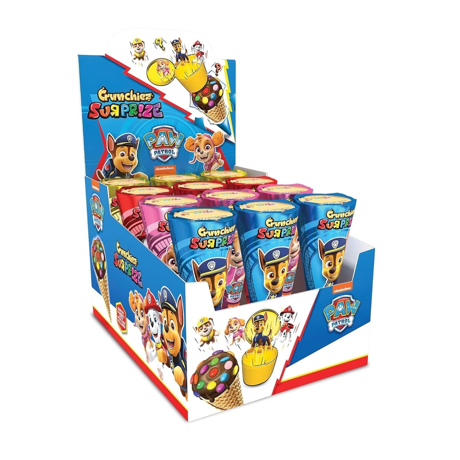Crunchiez Surprise PAW PATROL, rożek lodowy nadziewany czekoladą i orzechami laskowymi z wysokiej jakości niespodzianką, taca 12 x 25 g