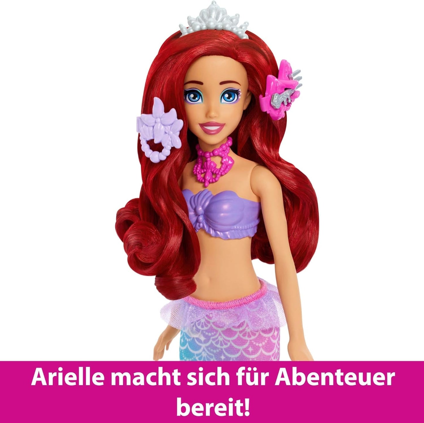 Zabawki Mattel Disney Princess, modna lalka syrenka Ariel z odpinaną płetwą ogonową, toaletka z 5 powtarzalnymi wyskakującymi niespodziankami i 5 akcesoriami, JBF86