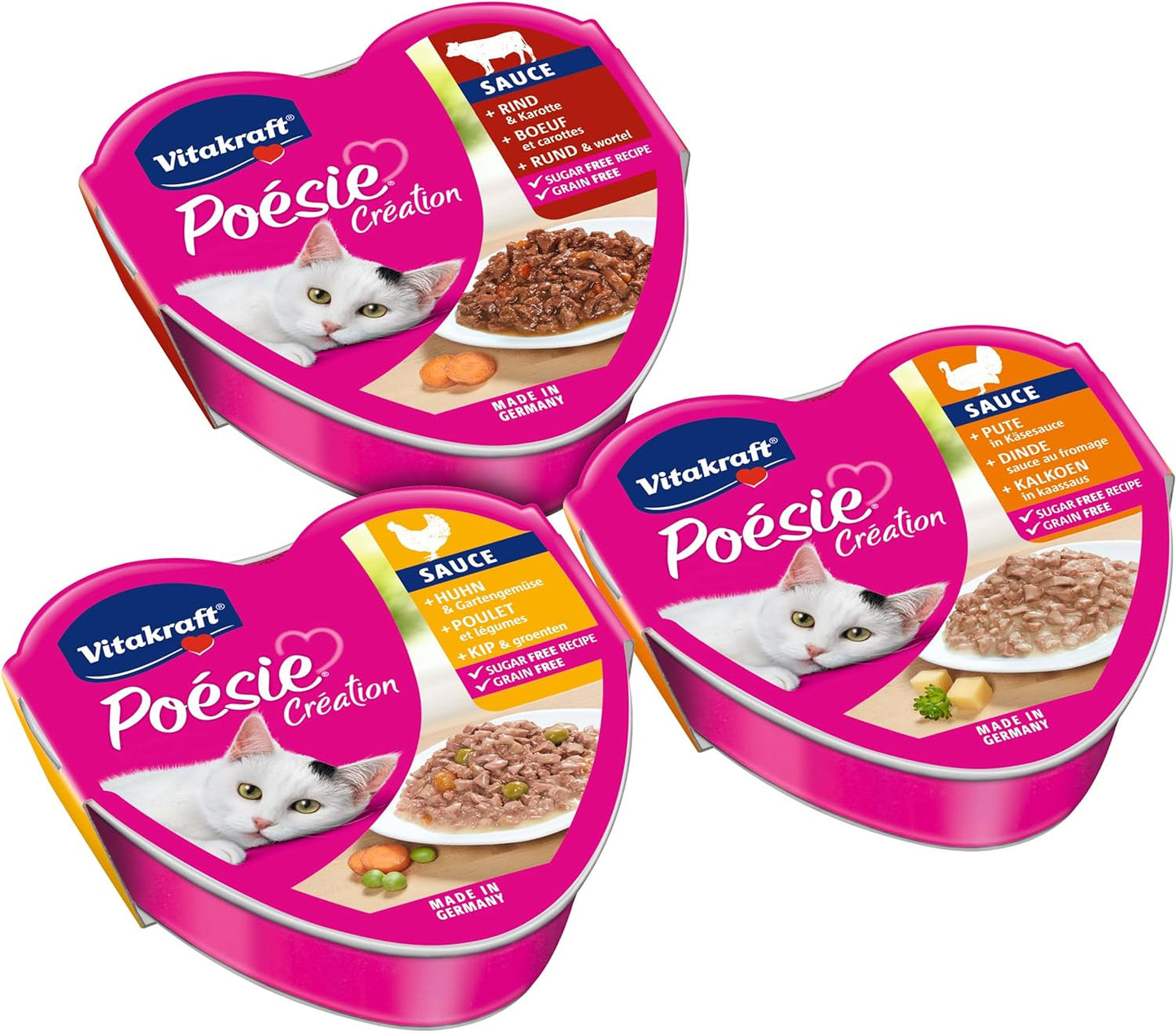 Vitakraft Poésie Création, Tender Selection, Mokra karma dla kota, Mokra karma dla kota w sosie, z kurczakiem, z indykiem, z wołowiną, bez dodatku cukru i zbóż (1 opakowanie 6 x 85g)