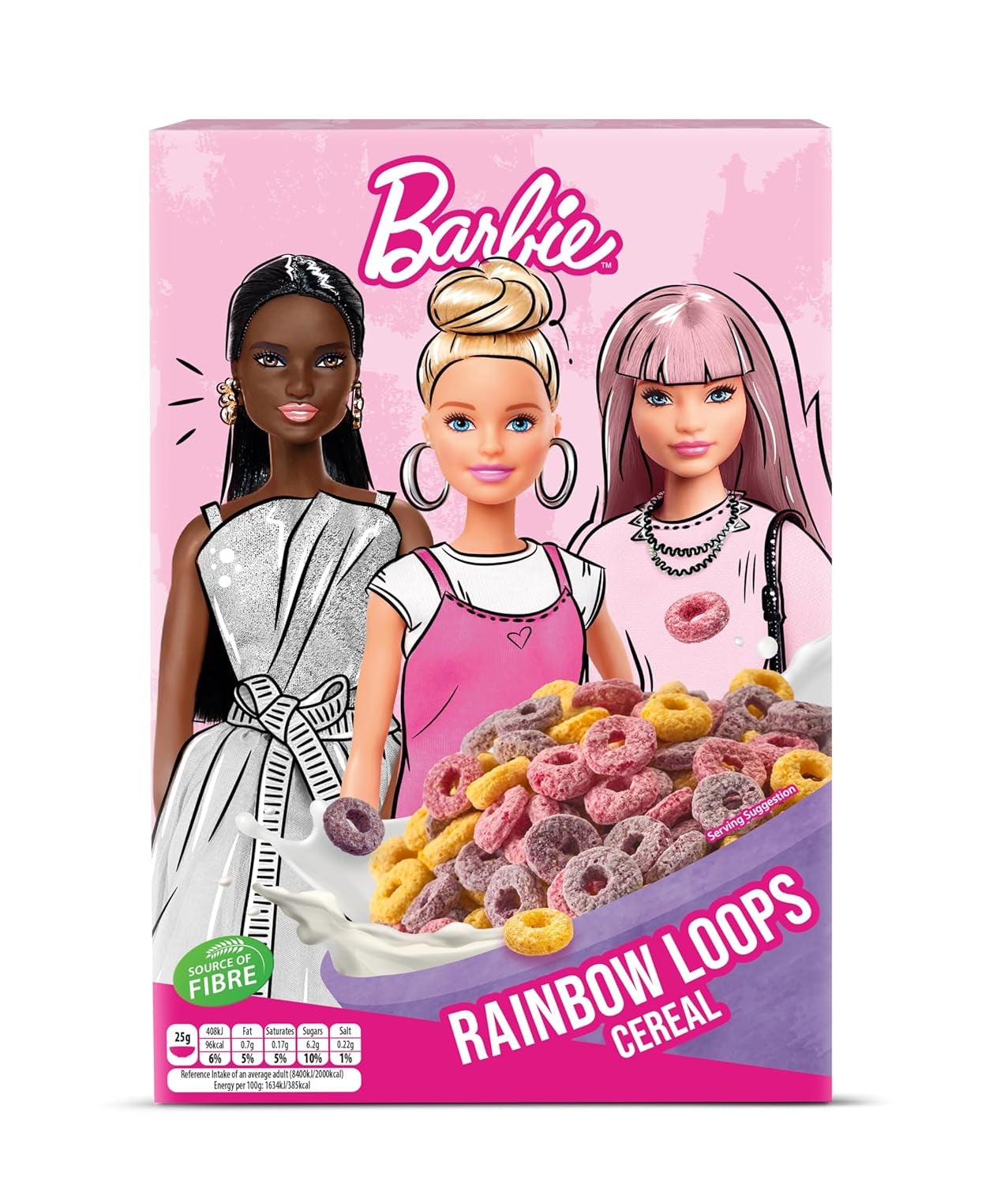 Barbie Rainbow Loops płatki zbożowe, kolorowe krążki pszenicy, owsa i kukurydzy o smaku owocowym na idealne śniadanie, 1 opakowanie (1 x 350g)