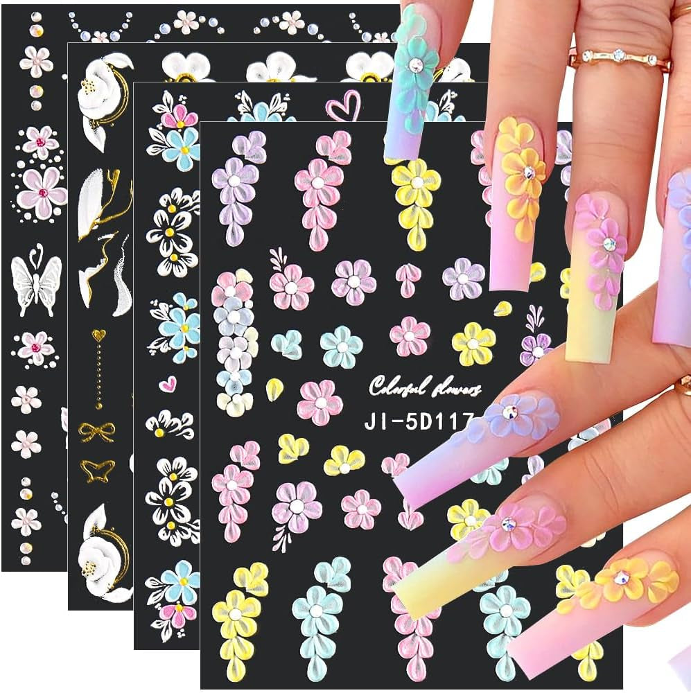 5D Geprägte Blume Nagelsticker Nagelfolie Selbstklebend Acryl Geschnitzte Blumen Nagelaufkleber Schmetterling Naklejka na paznokcie Blütenblätter Nageldesign Aufkleber Nägel Zubehör Kwiatowe naklejki na paznokcie