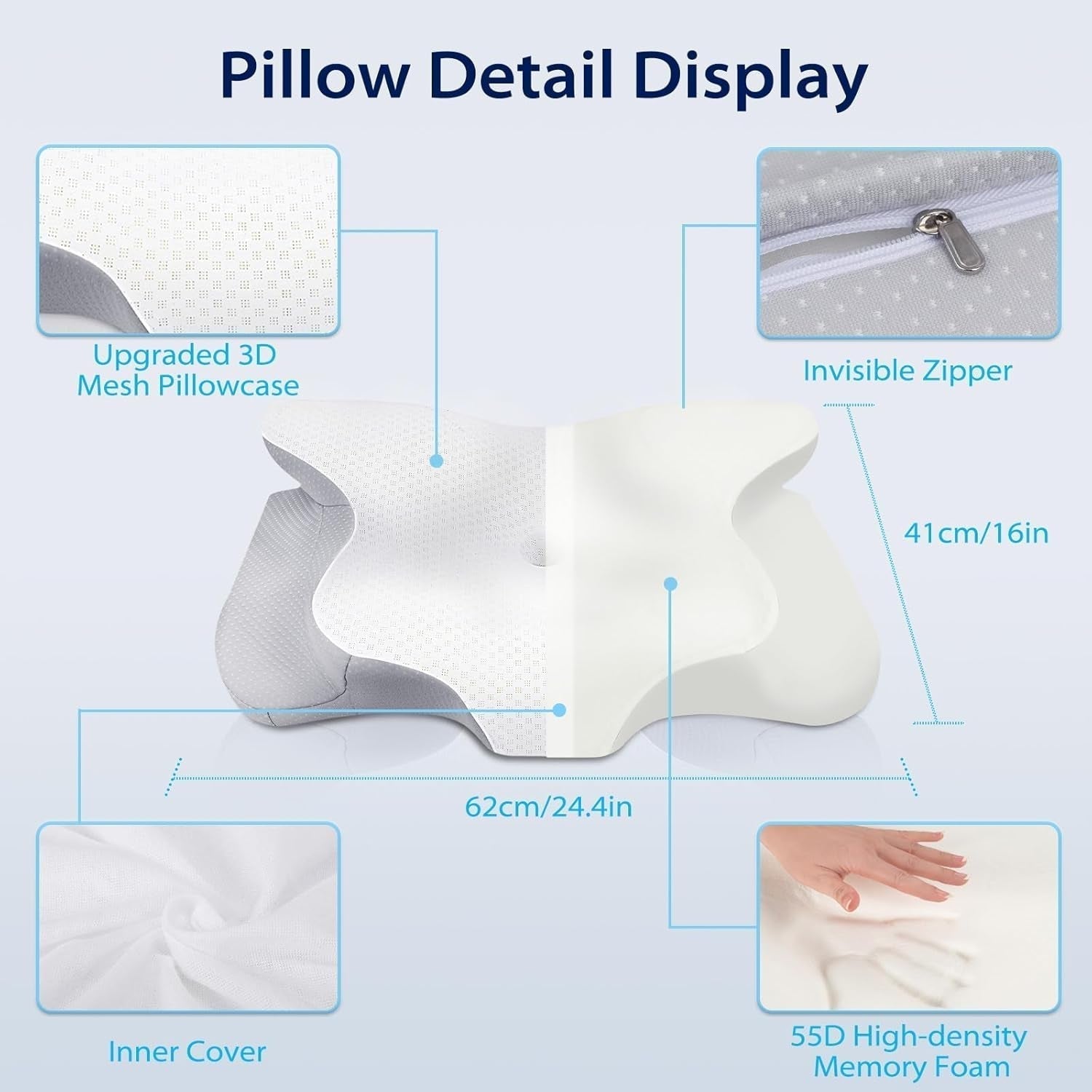HOMCA Poduszka na szyję, ergonomiczna poduszka z pianki memory. Pokrowiec na poduszkę chłodzącą 3D do pozycji leżącej, bocznej lub na brzuchu, 62 x 41 x 9,5/12,5 cm Poduszki ortopedyczne szyjki macicy Naty Shop