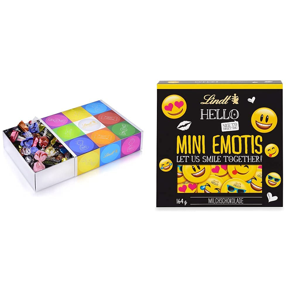 Asortyment czekoladowy (37 kulek LINDOR, 24 patyczki Hello Mini, 10 Mini Fioretto), prezent czekoladowy (1 x 815 g) i HELLO Mini Emoti, mleczna czekolada w 5 wzorach emotikonów, 164 g