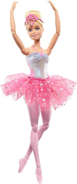 Barbie Dreamtopia Magiczna balerina ze światełkami, różową spódniczką tutu i blond włosami, 5 efektów świetlnych i dźwiękowych, Barbie z możliwością pozycjonowania, wiek 3+, HLC25