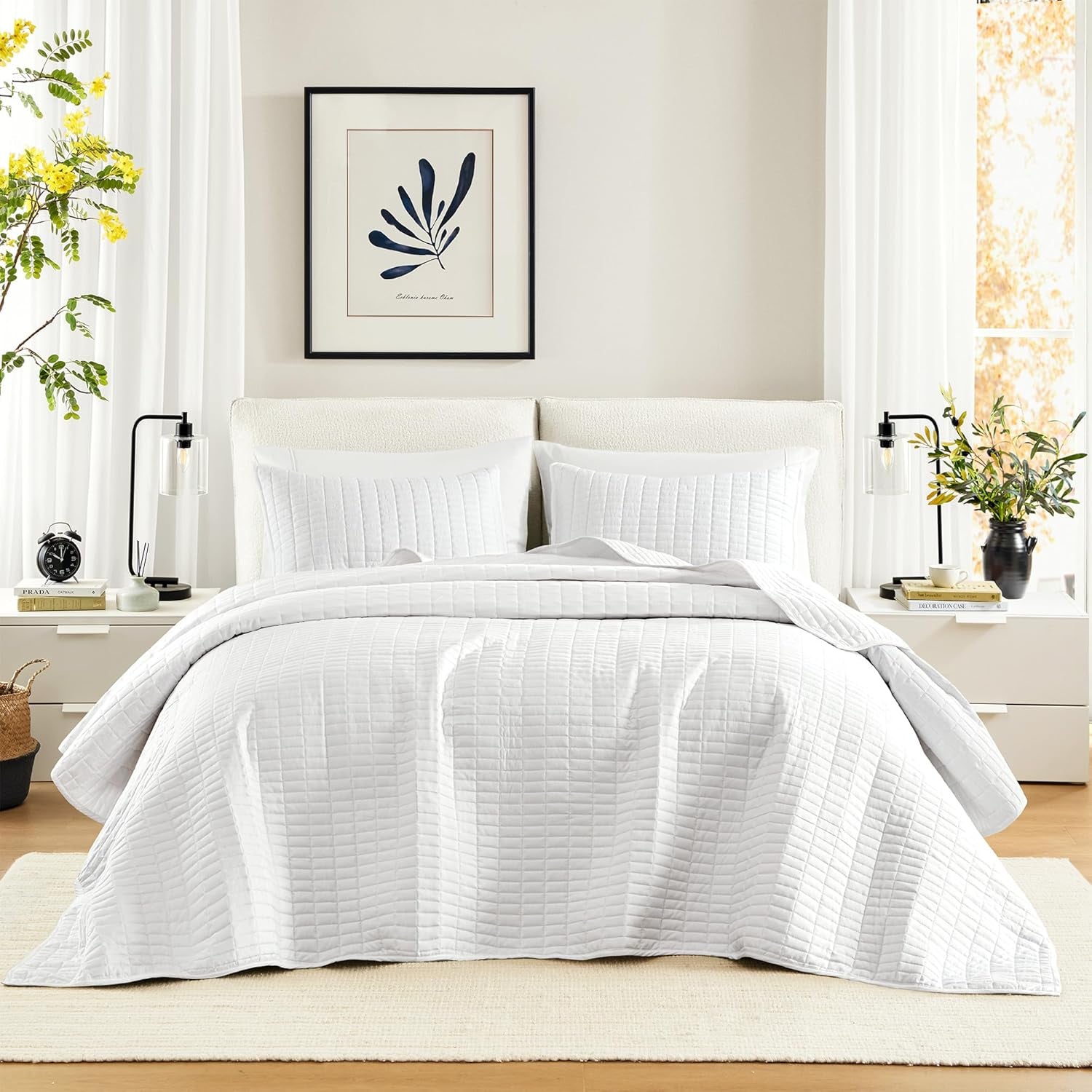 Zestaw kołder Comfort Spaces Kienna, luksusowe podwójne szwy, koc letni, lekki, miękki, pościel całoroczna, dopasowana poszewka na poduszkę, biały, koc na łóżko typu king-size (264,2 x 228,6 cm), kołdry i kołdry Naty Shop biały duży rozmiar king (120 "X 118")