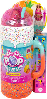 Zestaw upominkowy BARBIE Pop Reveal Rise & Surprise — ponad 15 niespodzianek, w tym 1 lalka Barbie, akcesoria plażowe zapewniające wesołą i owocową zabawę dla dzieci w wieku od 3 lat, HRK57