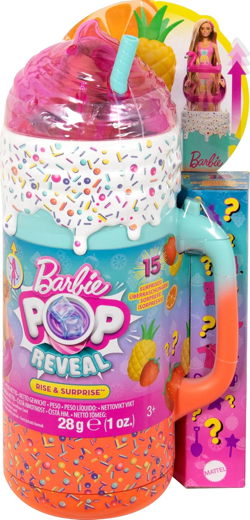 Zestaw upominkowy BARBIE Pop Reveal Rise & Surprise — ponad 15 niespodzianek, w tym 1 lalka Barbie, akcesoria plażowe zapewniające wesołą i owocową zabawę dla dzieci w wieku od 3 lat, HRK57