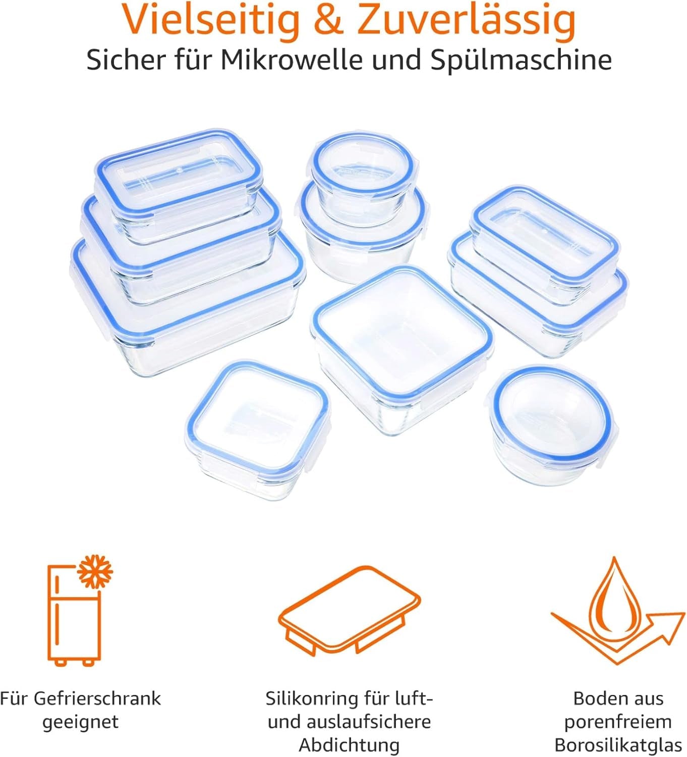 Amazon Basics Szklane pojemniki na żywność z pokrywkami, 20 sztuk (10 pojemników + 10 pokrywek) Bez BPA, Przezroczyste, niebieskie pudełka do przechowywania żywności Naty Shop