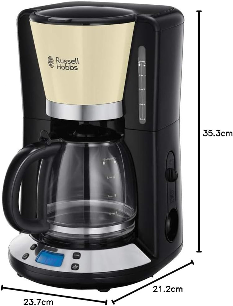 Ekspres do kawy Russell Hobbs [cyfrowy minutnik, słuchawka prysznicowa zapewniająca optymalną ekstrakcję i aromat] Colors+ Creme (1 do 10 filiżanek, szklana karafka 1,25 l, płyta grzewcza, 1100 W) Ekspres do kawy z filtrem 24033-56