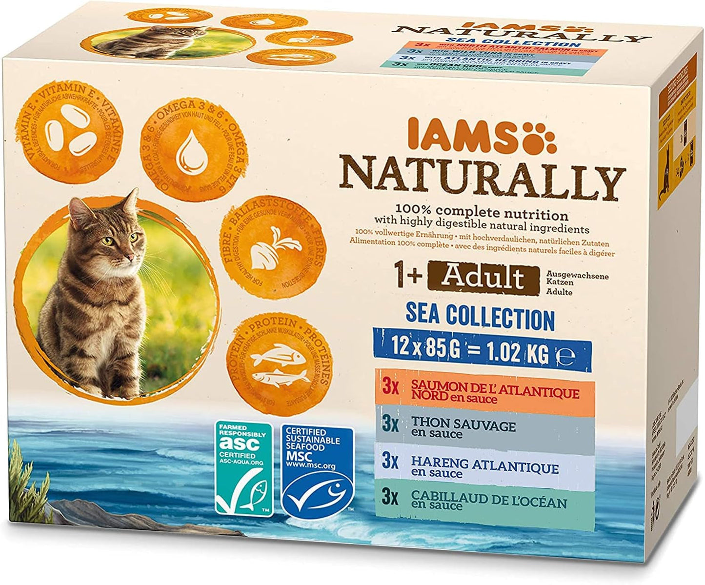 IAMS Naturalna mokra karma dla kotów w sosie - Wysokiej jakości mokra karma z rybą dla dorosłych kotów, kolekcja Sea, 12 x 85g
