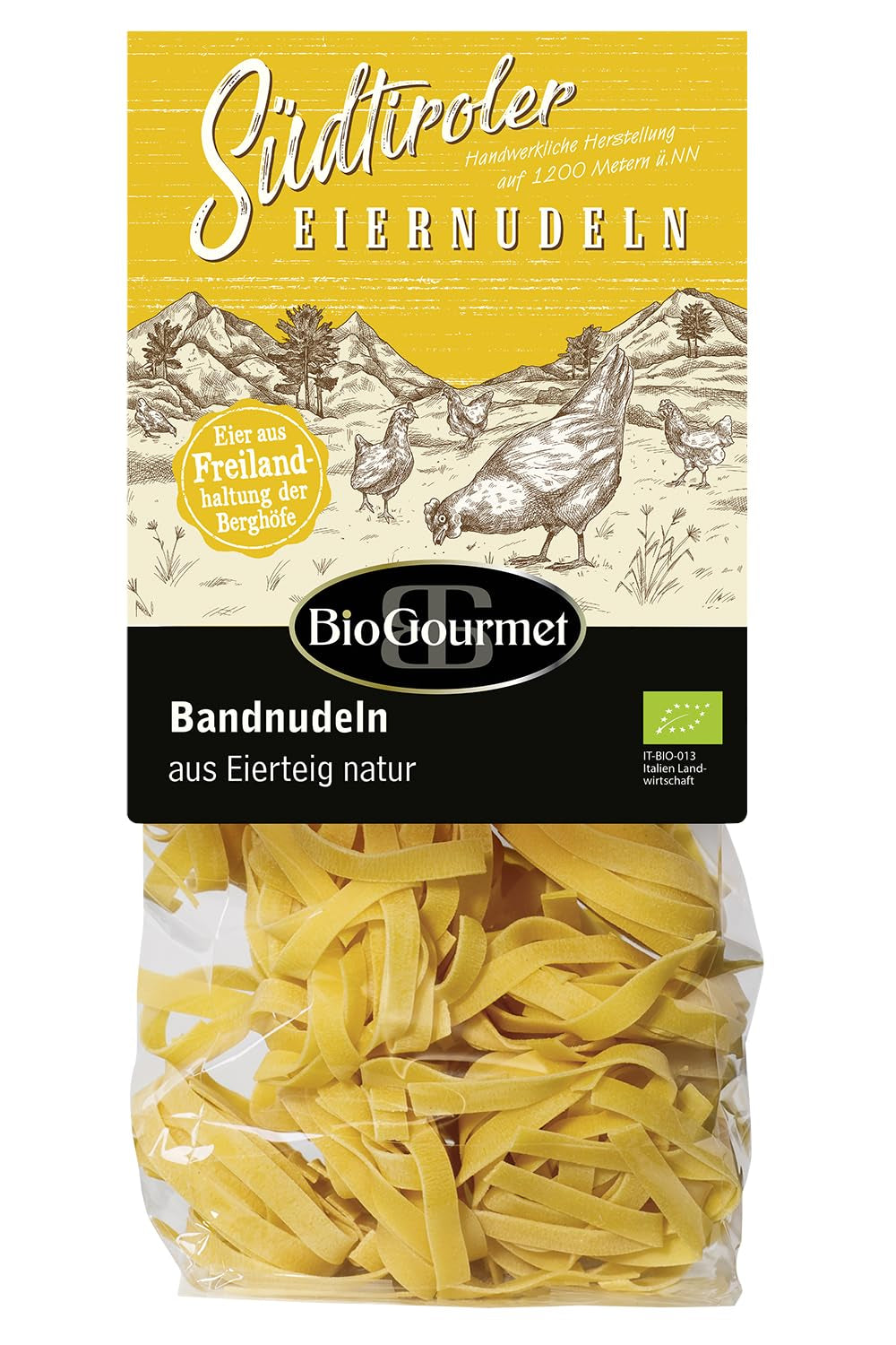 Makaron wstążkowy BioGourmet z Schüttelbrot z Południowego Tyrolu (ChOG) | Solony i aromatyzowany makaron jajeczny z prawdziwą drobinką z Południowego Tyrolu | 1 x 250 g Bio