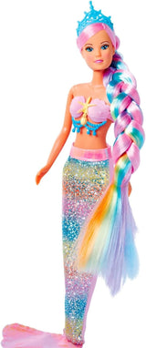 Simba 105733610 - Steffi Love Rainbow Mermaid, tęczowa syrenka do ubierania z kolorowymi włosami, spinkami do włosów, grzebieniem i odpinaną płetwą, lalka do zabawy 29 cm, wiek 3+ Dolls Naty Shop