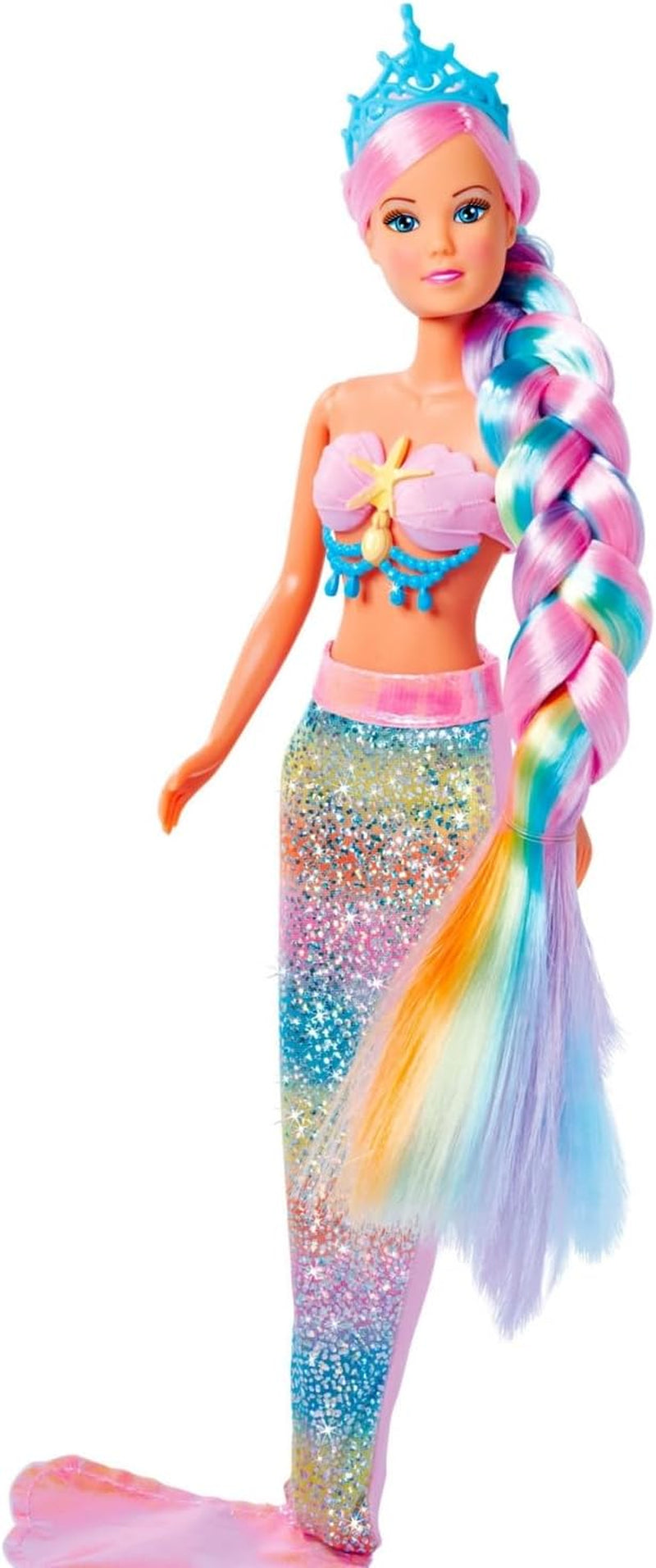 Simba 105733610 - Steffi Love Rainbow Mermaid, tęczowa syrenka do ubierania z kolorowymi włosami, spinkami do włosów, grzebieniem i odpinaną płetwą, lalka do zabawy 29 cm, wiek 3+ Dolls Naty Shop