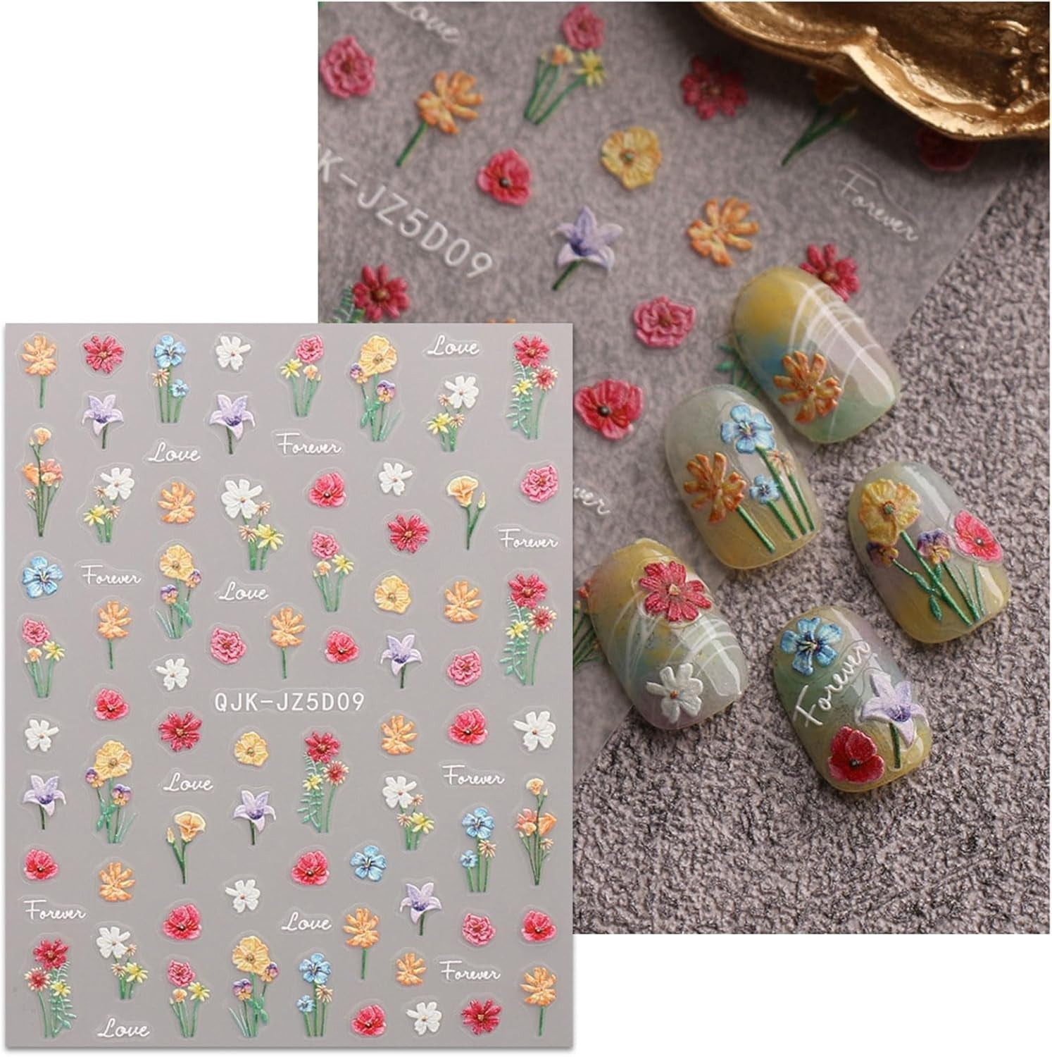 JMEOWIO 3D Nagelsticker Blumen Nail Art Naklejka Selbstklebend Nagelaufkleber 5D Stereoskopisch Frühling Sommer Blumen Dekoration Nageldesign Zubehör 4 Blatt